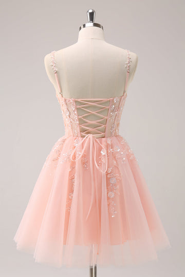 A Line Blush Spaghetti Straps Tulle Corset Sequins Cocktail Dress with Appliques